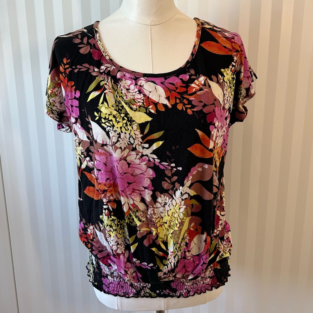 Cable & Gauge black pink yellow orange floral blouse gathered waist Size M